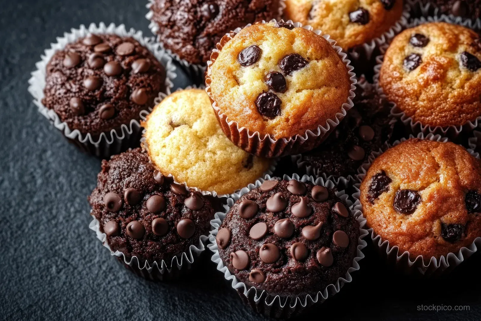 Chocolate chip and double chocolate muffins clustered on a dark slate surface with visible crumb texture and chocolate chips.