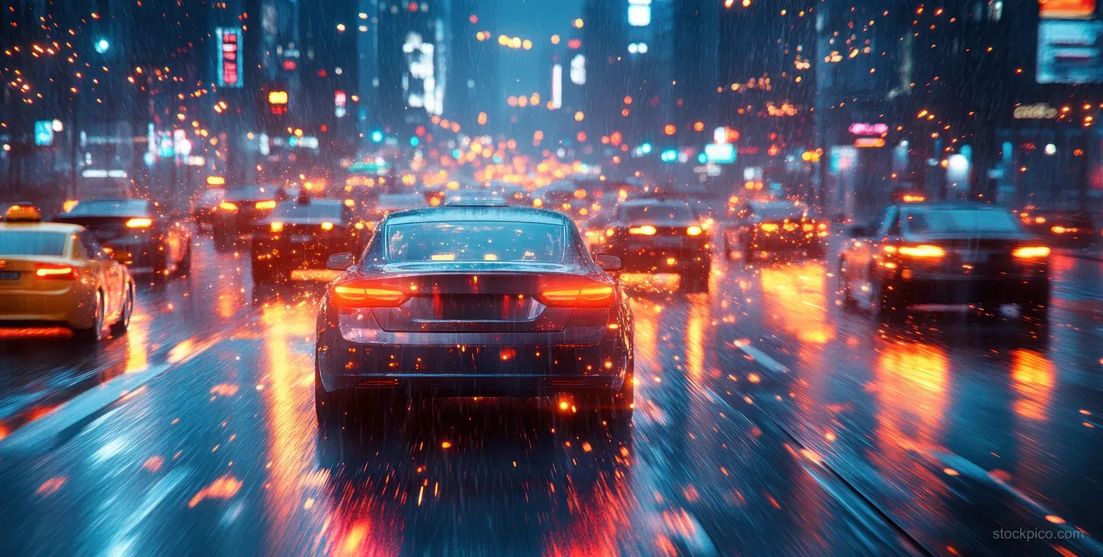 Motion-blurred cars drive on a neon-lit city highway at night with glowing taillights and lane lights.