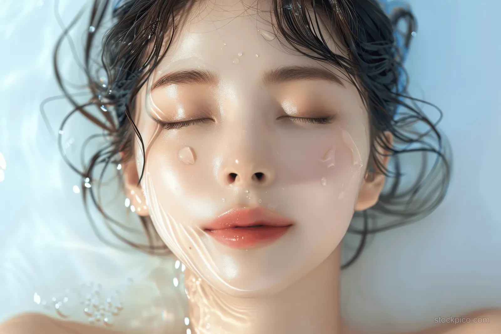 Young Asian woman with eyes closed relaxing in a water spa as bubble foam and water droplets cover her face.