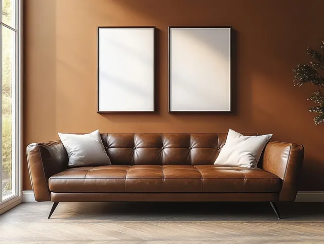 Brown leather sofa in a bright minimalist living room with three blank wall frames above it.