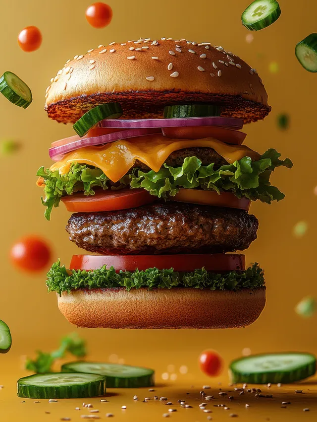 Close-up cheeseburger with sesame bun, melted cheddar, lettuce, tomato, and onion floating over a warm yellow background.