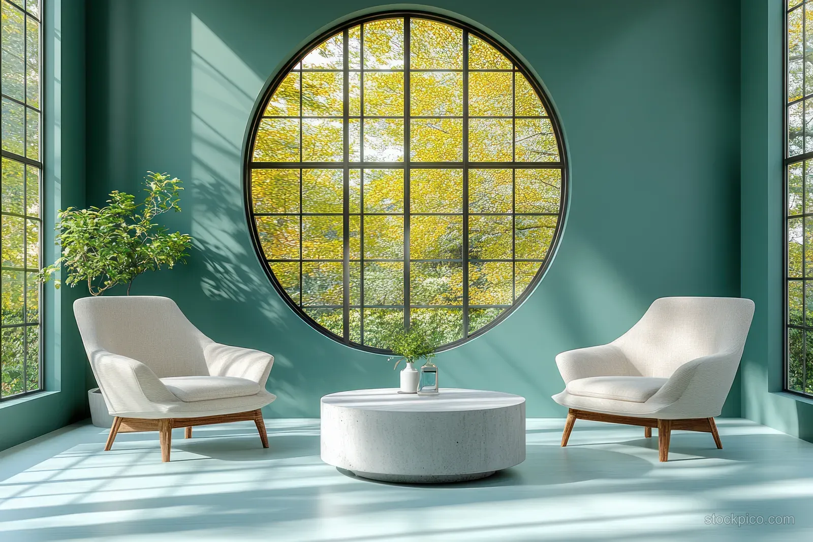 Two white Scandinavian armchairs sit facing a round concrete coffee table in a pastel green minimalist living room.