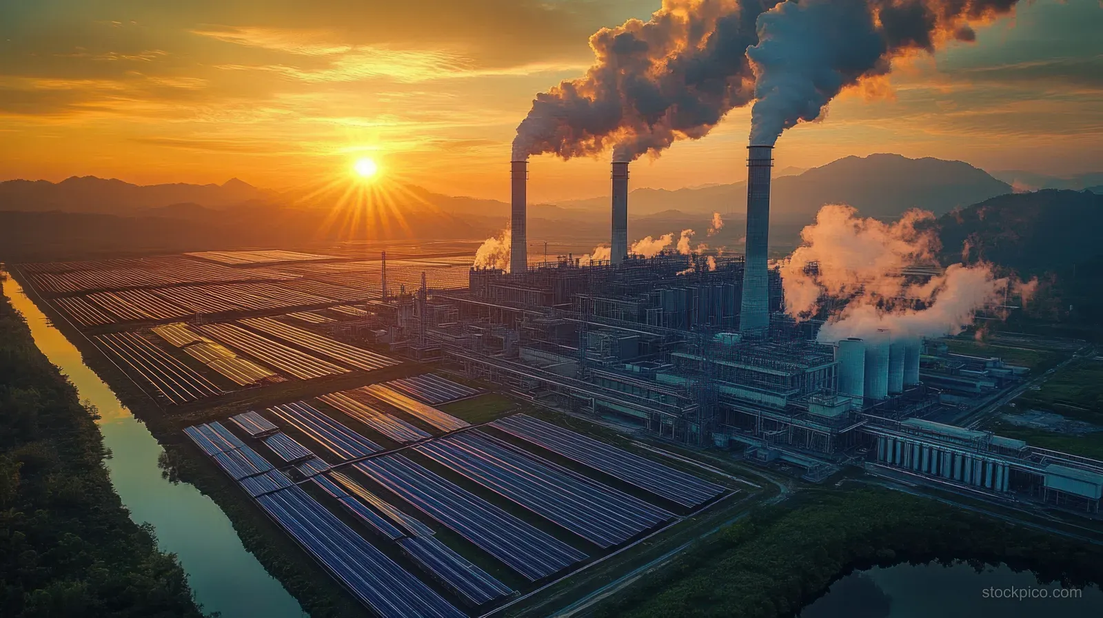 Smokestacks emit smoke beside solar panels along a river under a sunset sky with distant mountains.