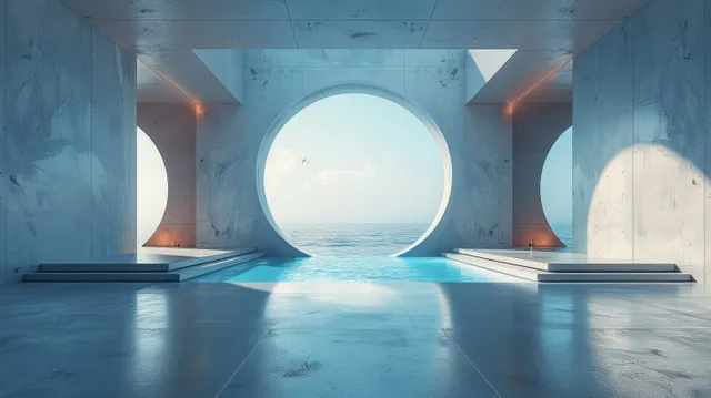 Futuristic concrete interior with a round portal opening, blue sky light, and reflective floor.