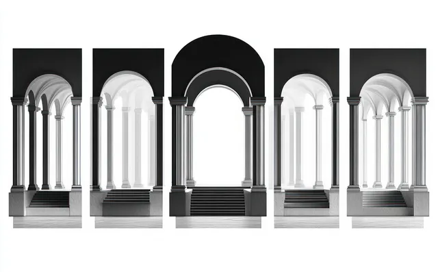 Five grayscale architectural views of classical arches, columns, and steps with dramatic shadow contrast