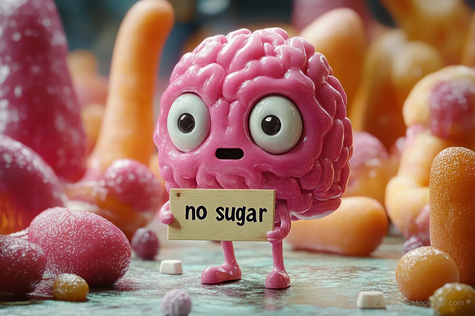 Cartoon pink brain character holds a wooden “no sugar” sign while gummy candies surround it on a colorful surface.
