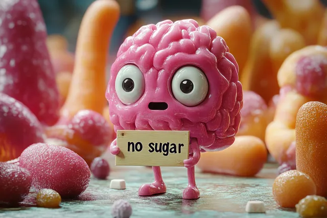 Cartoon pink brain character holds a wooden “no sugar” sign while gummy candies surround it on a colorful surface.