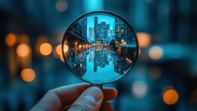 Hand holding magnifying glass examining illuminated skyscrapers mirrored in evening water reflections