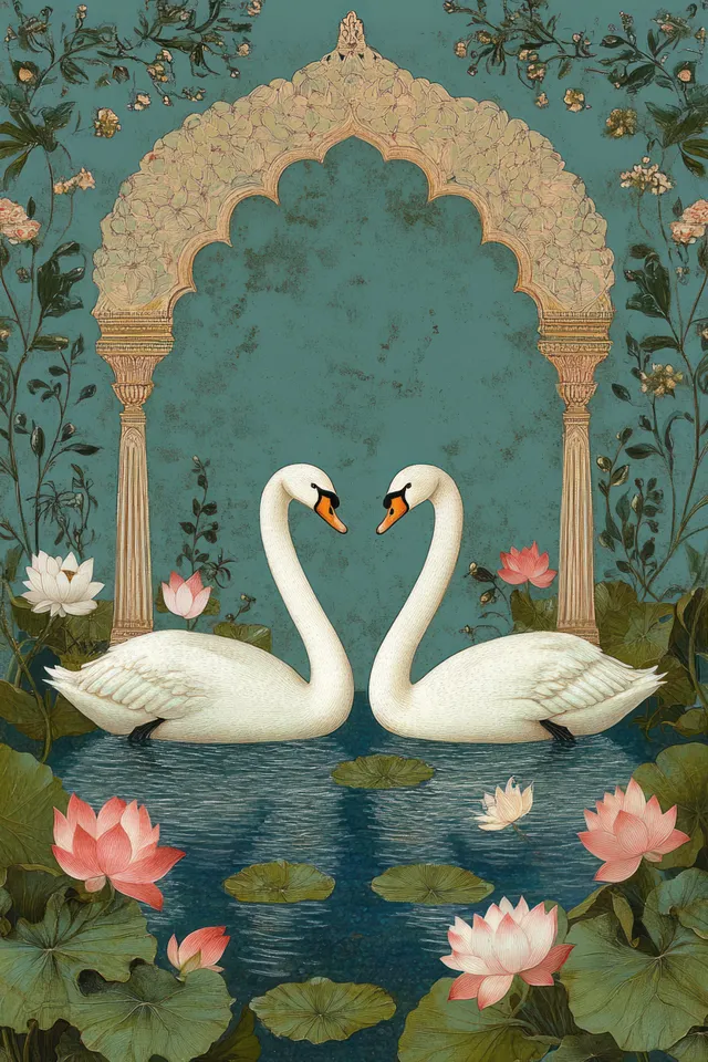 Two white swans sit on a lotus pond beneath a Mughal garden arch surrounded by greenery and pink flowers.