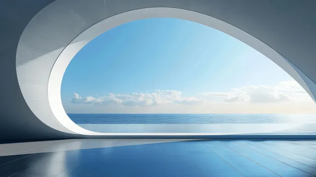 Futuristic concrete arch tunnel frames a blue ocean horizon above a reflective floor under a clear sky.