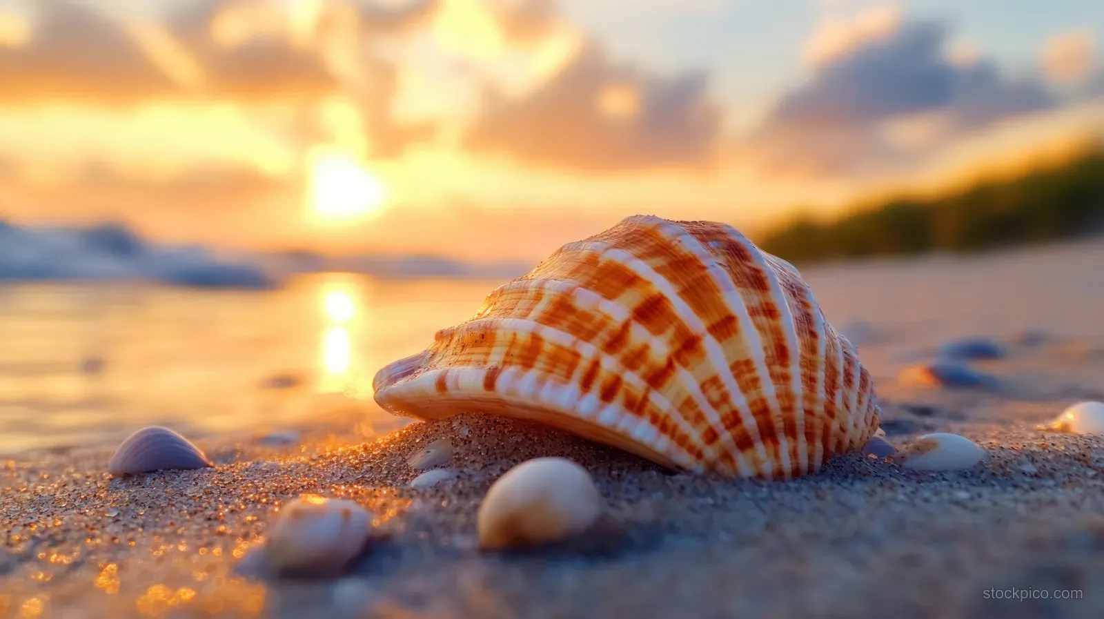 A seashell lies on wet sand at sunset with softly blurred ocean waves behind it.
