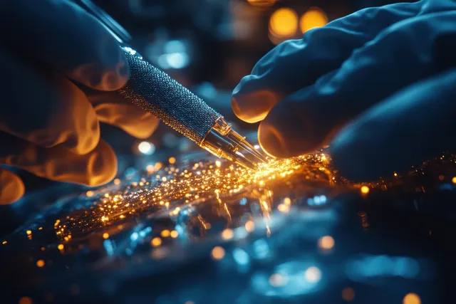 Gloved surgeons’ hands operate with laparoscopic instruments as bright sparks fly in a sterile operating room.