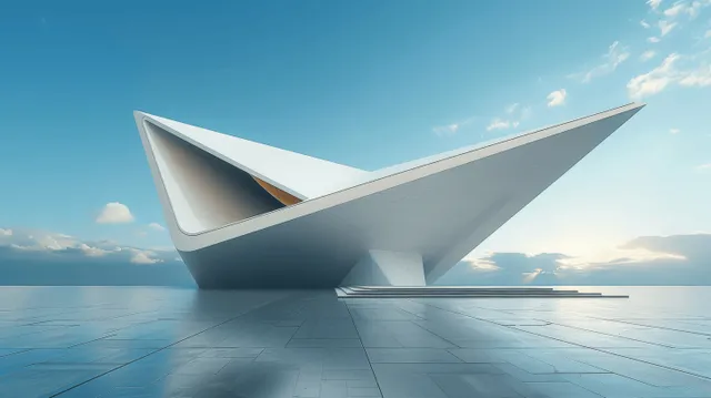 A wing-shaped minimalist futuristic building 3D render rests on a concrete platform under a blue sky.