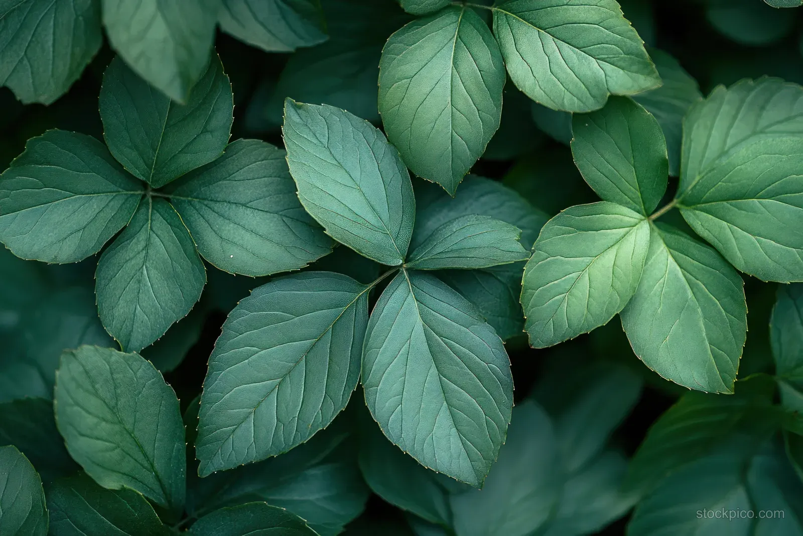 Close-up of overlapping green fiddle fig leaves with visible texture on a dark background.