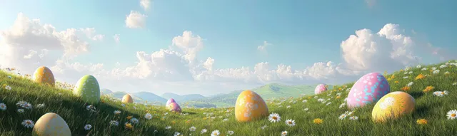 Colorful decorated eggs scattered across green grassy hills with white and yellow flowers under a bright blue sky and clouds.