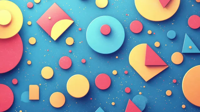 Playful geometric shapes float on a pastel blue background with confetti dots