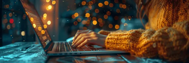 Closeup woman typing on laptop keyboard in office desk, warm bokeh lights behind