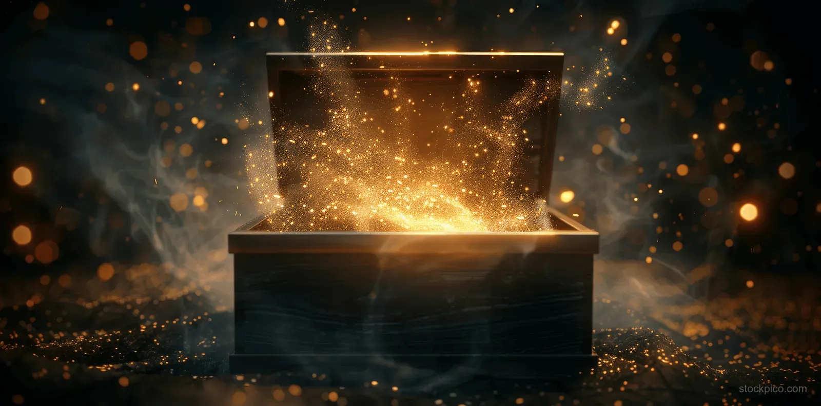 An open treasure chest glowing with golden light as sparkling particles and mist float around it.