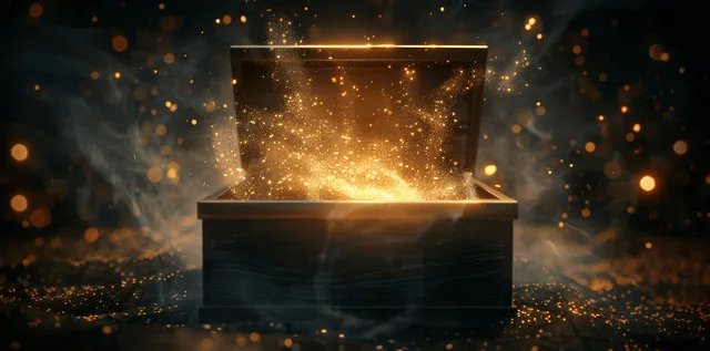 An open treasure chest glowing with golden light as sparkling particles and mist float around it.