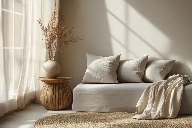 Gray sofa with neutral pillows and a wooden side table in a bright minimalist living room with empty wall space.