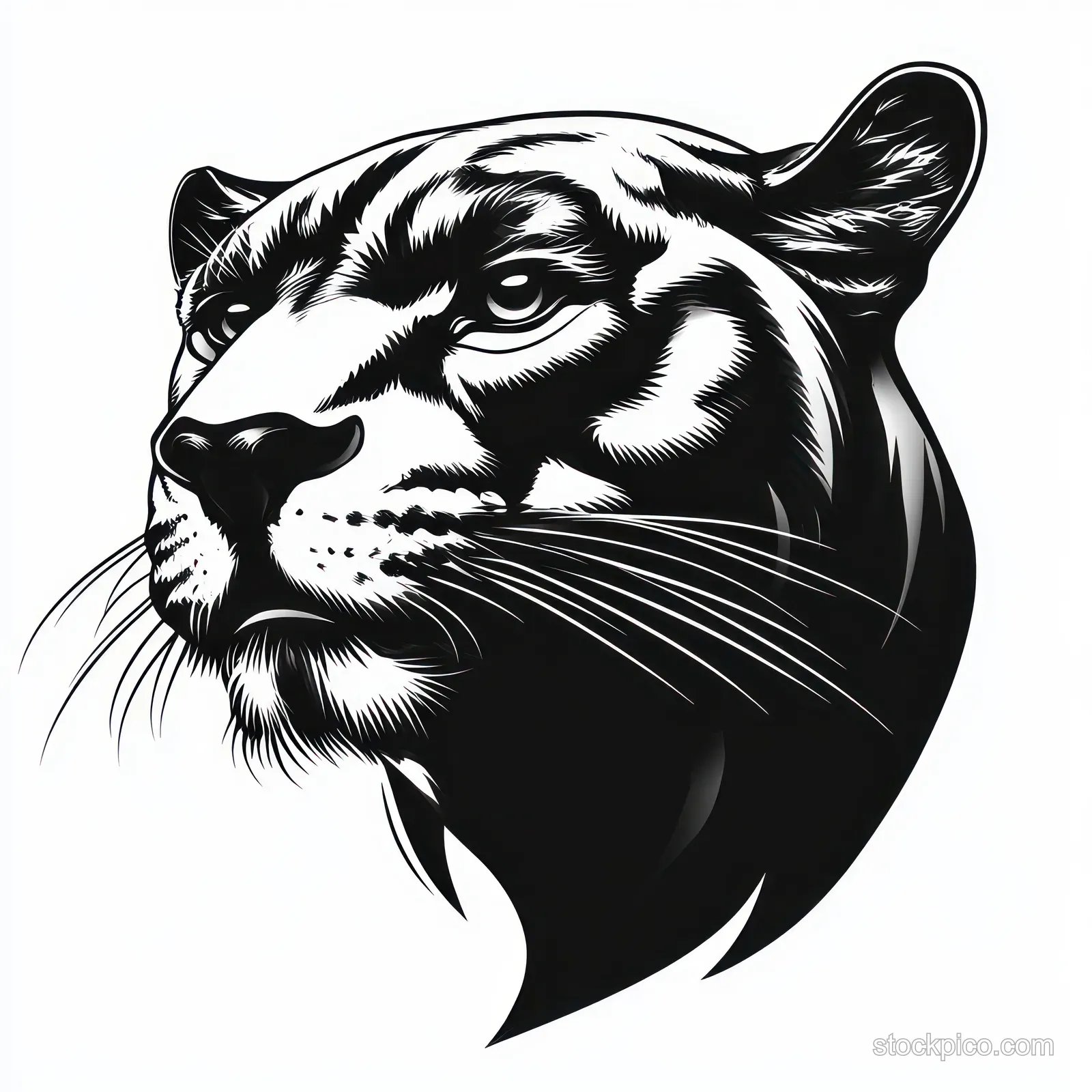 Black and white illustrated tiger head facing forward with calm eyes, whiskers, and high-contrast shading.
