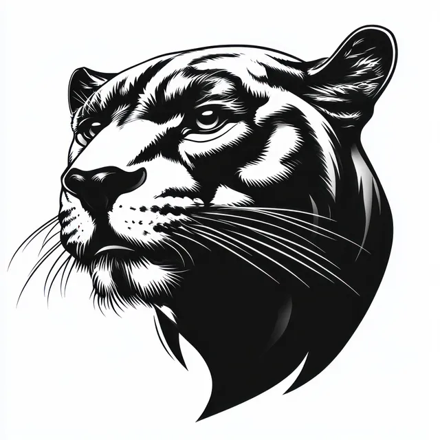 Black and white illustrated tiger head facing forward with calm eyes, whiskers, and high-contrast shading.
