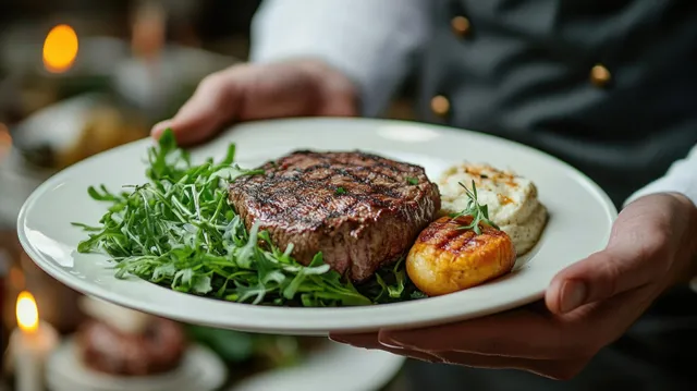 A waiter holds a white plate with char-marked steak, arugula, roasted tomato, and mashed potatoes.