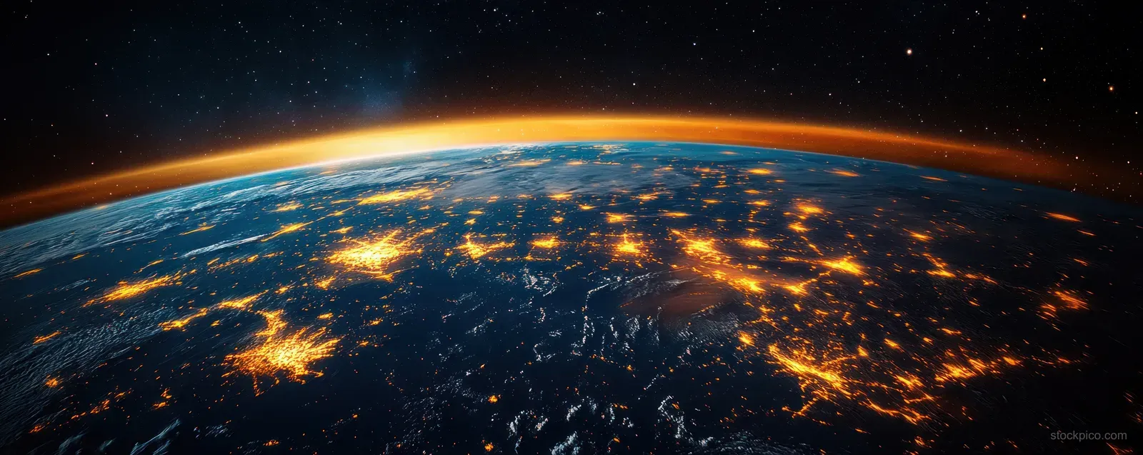 Curved horizon view from space showing Europe illuminated by glowing city lights against dark, starry space.