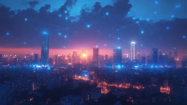 Nighttime cyberpunk city skyline glows with blue neon network lines connecting illuminated skyscrapers.