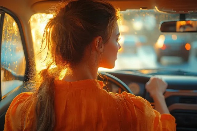 Smiling woman drives a car in warm sunset light, adjusting dashboard audio controls while looking ahead.