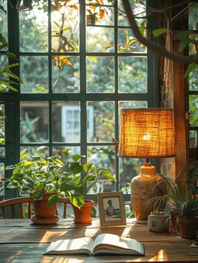 A4 photo frame mockup on boho wooden desk beside potted plants in sunlit room