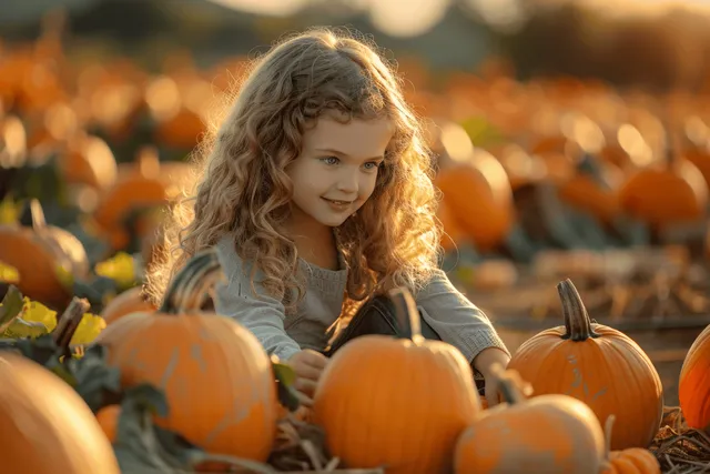 A curly-haired child smiles while choosing pumpkins in a sunset-lit pumpkin patch.