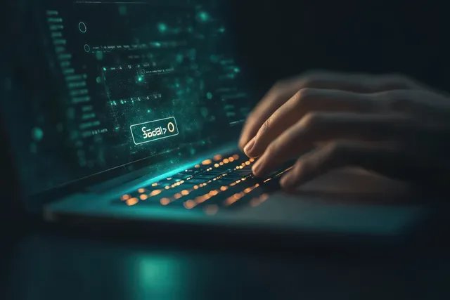Hands Typing on Laptop with Social SEO Analytics Overlay