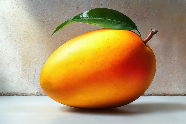 A ripe yellow mango with a green leaf sits on a light textured beige surface.