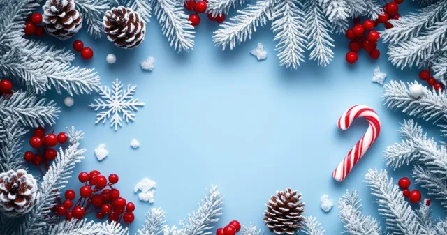 Top-down view of frosty pine branches, red berries, snowflakes, and a candy cane on a blue winter background.