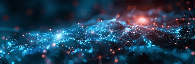 Glowing blue and orange network lines made of data dots surround abstract healthcare connection signals.