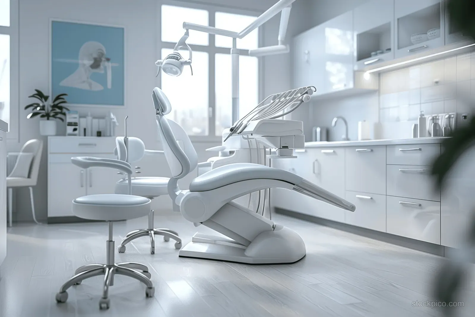 Empty white dental exam chair and equipment sit inside a bright clinic room with large windows.