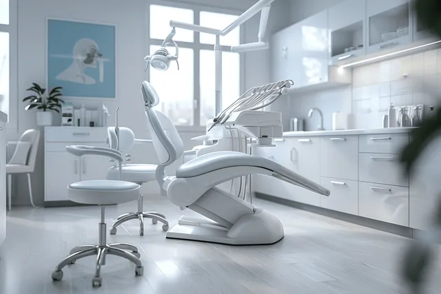 Empty white dental exam chair and equipment sit inside a bright clinic room with large windows.