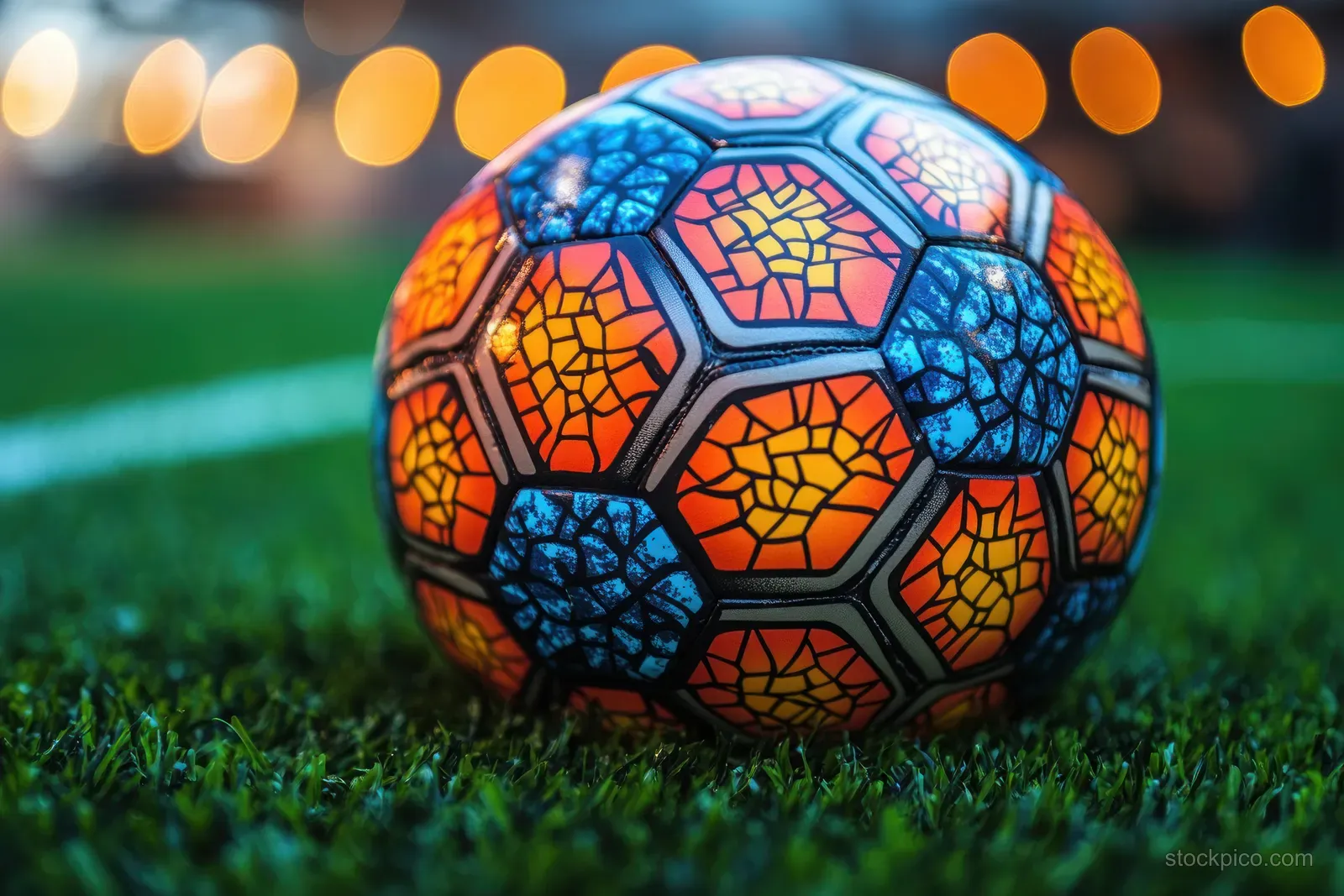 Colorful soccer ball on a green grass pitch with blurred stadium lights and European flag accents.