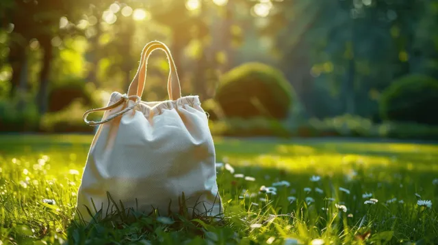 White drawstring bag resting on green grass in a sunny park with soft background bokeh.