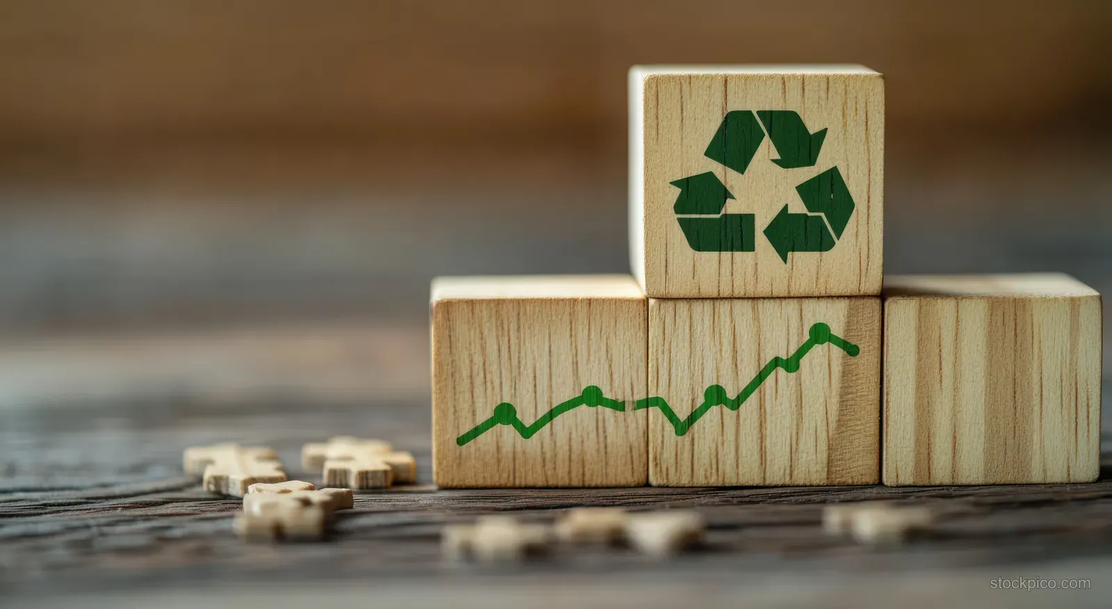 Wooden blocks with a recycling symbol and a green upward graph sit on a tabletop.