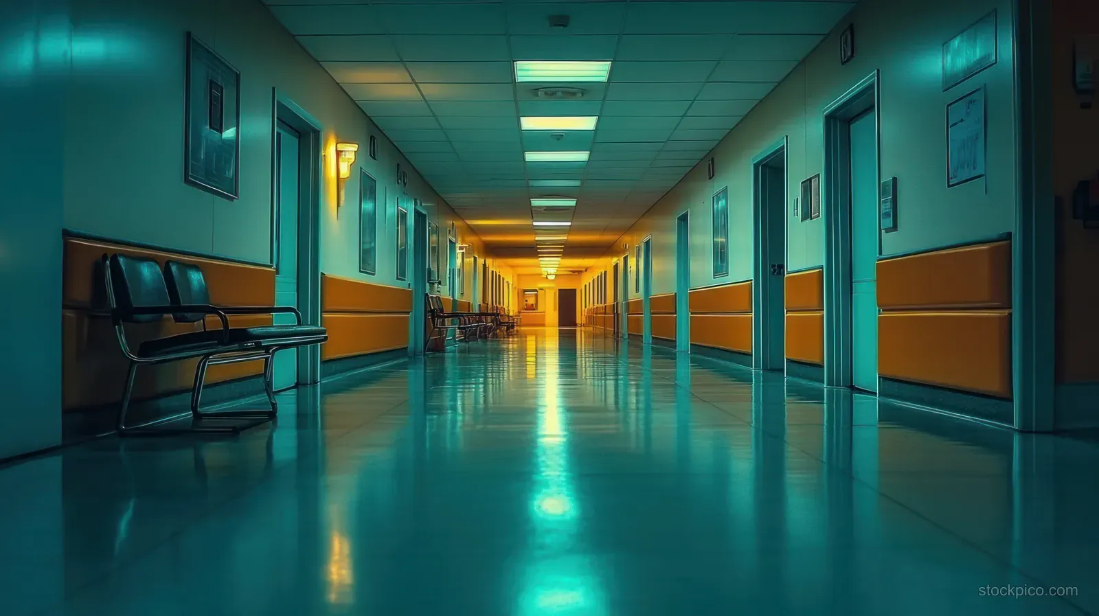 Long empty hospital corridor with teal and orange lighting, rows of chairs, and closed doors.