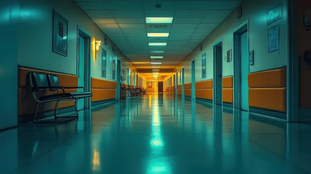 Empty hospital corridor with teal-orange lighting, rows of chairs, and closed doors