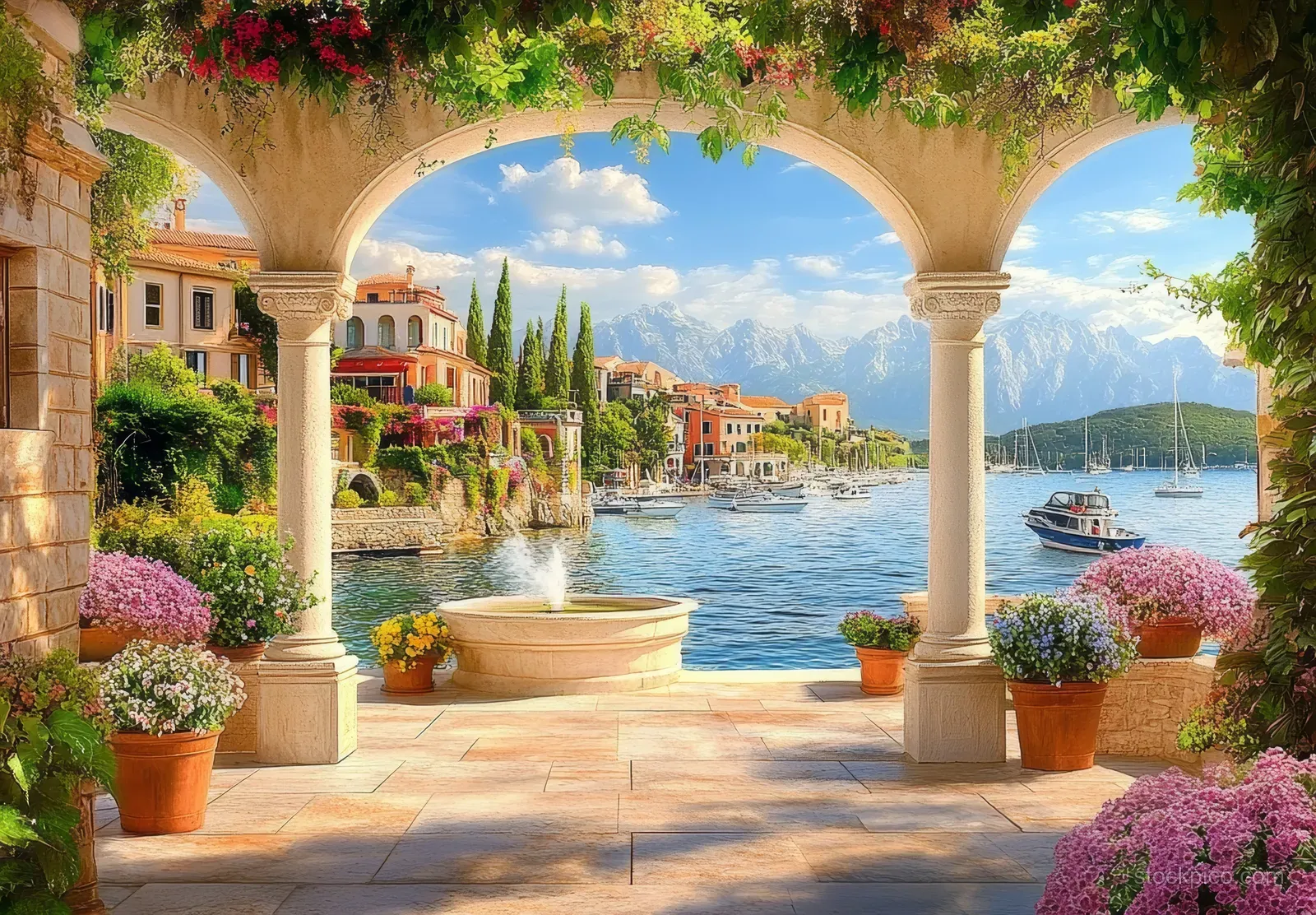 Sunlit courtyard arches frame a stone fountain, blooming pots, and calm harbor water with anchored boats.
