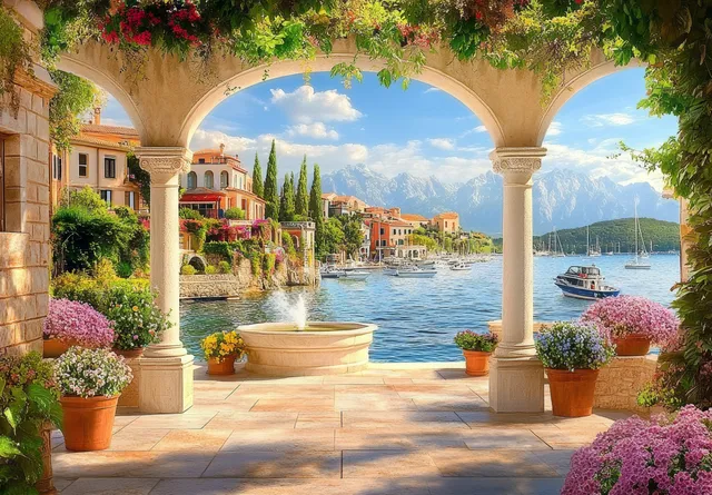 Sunlit courtyard arches frame a stone fountain, blooming pots, and calm harbor water with anchored boats.