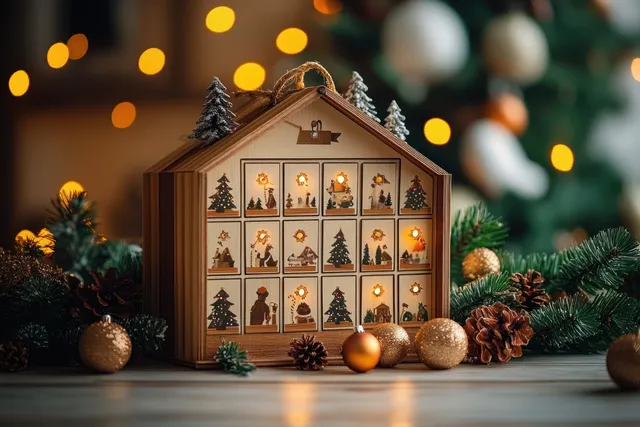 A wooden advent calendar house with glowing window panels rests on a Christmas table surrounded by pine branches and ornaments.