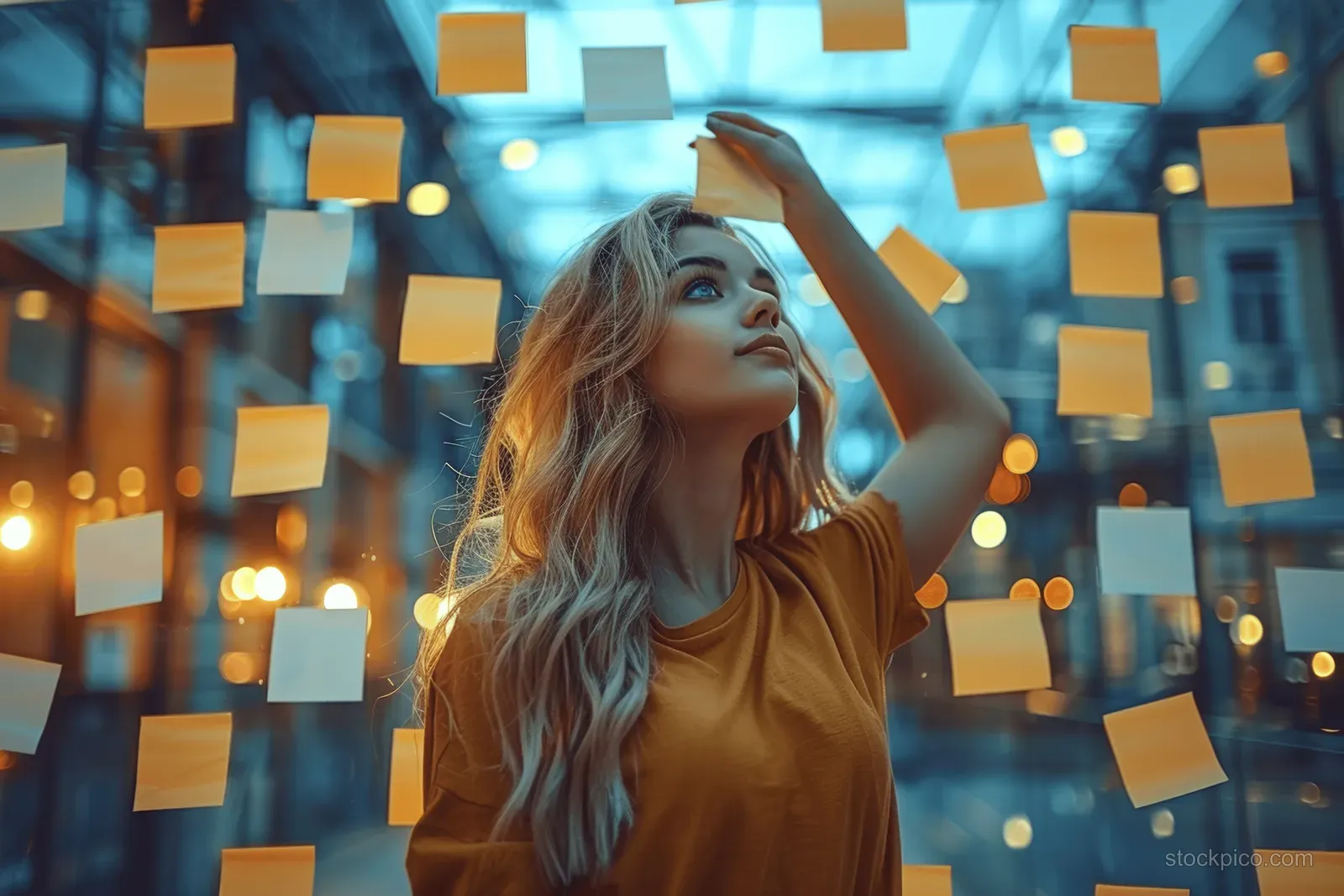 Young businesswoman in an office with many floating sticky notes during a planning session.