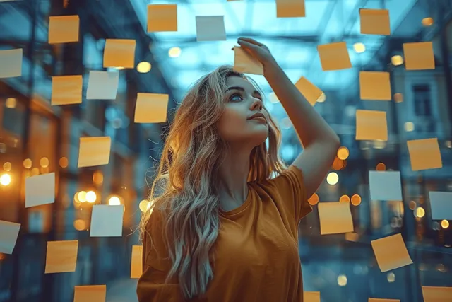Young businesswoman in an office with many floating sticky notes during a planning session.