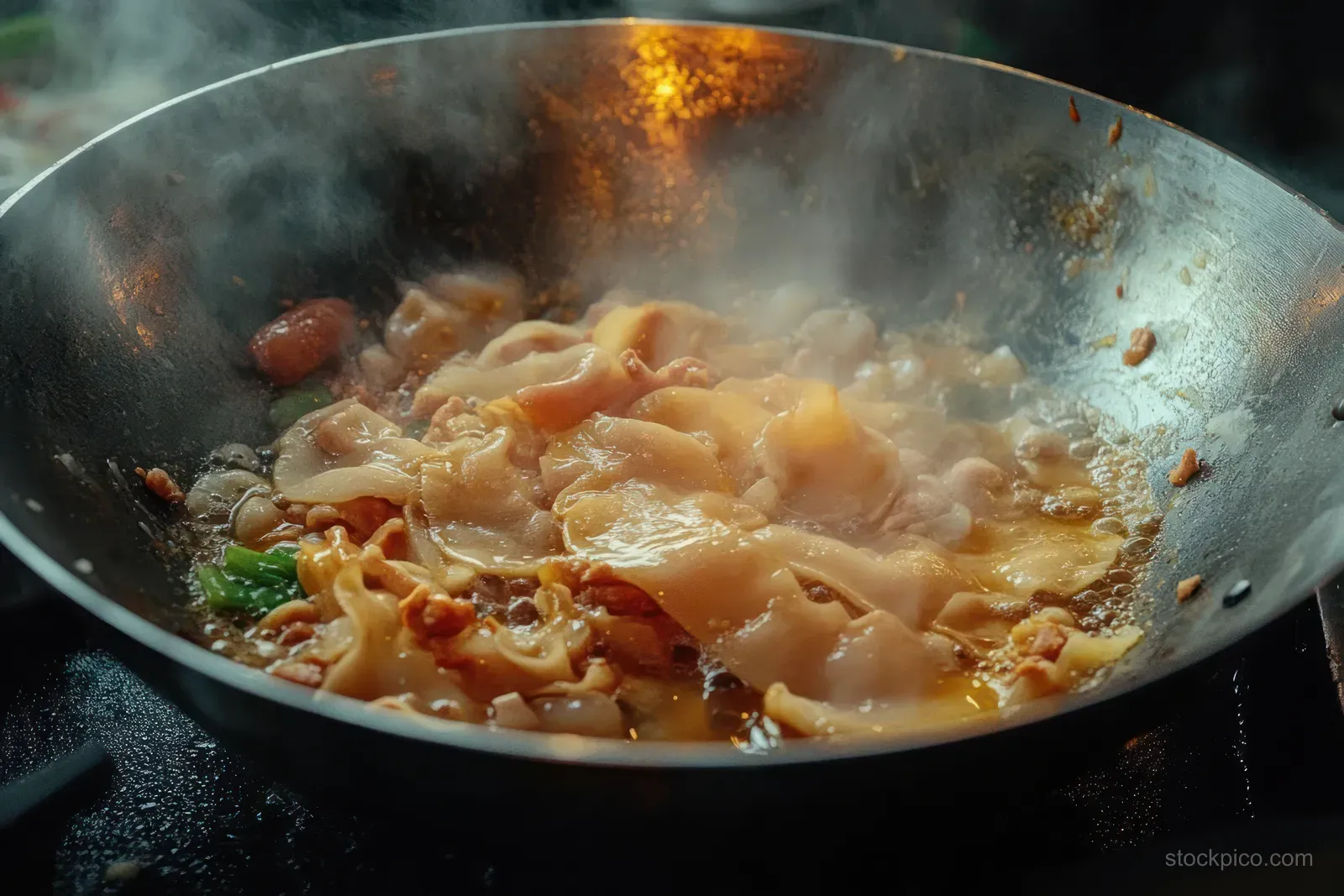 Beef tripe cooks in a metal wok with steaming sauce and browned bits over a stove.