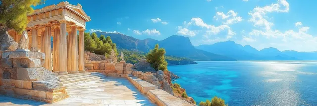 Ancient classical temple columns stand on a rocky coast above bright blue sea and distant mountains.